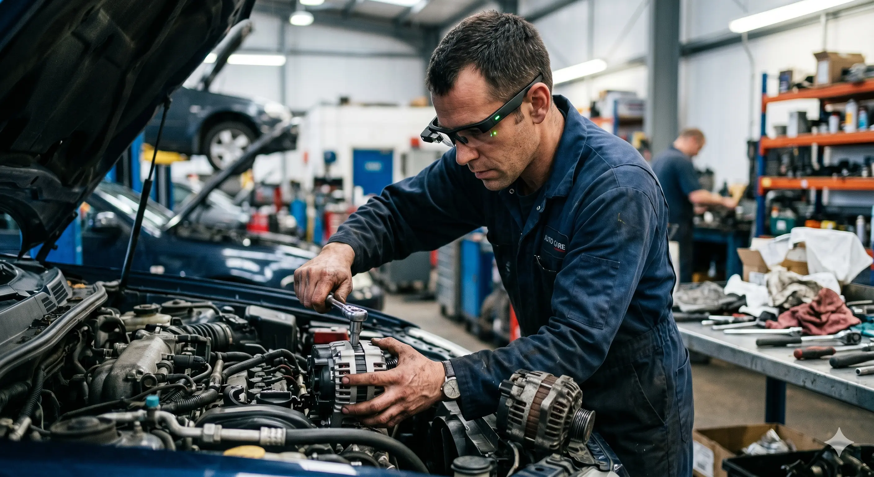 Mechanik s MAIstr AI brýlemi pracuje na motoru